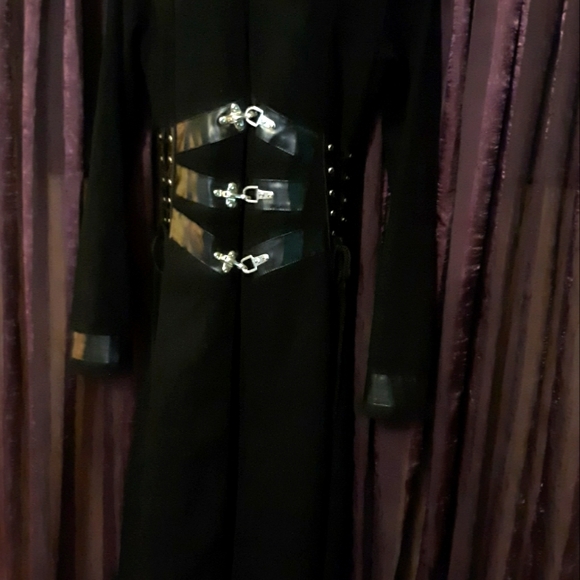 Red Balls on Fire Tripp NYC Buckle Trench  Corset Pleather Halloween Hellraiser - Picture 7 of 10